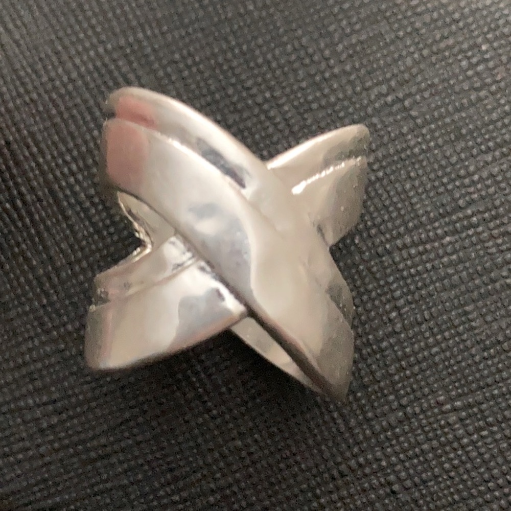 ( final price )  Recycled Metal Matte Silvertone Crossover Ring